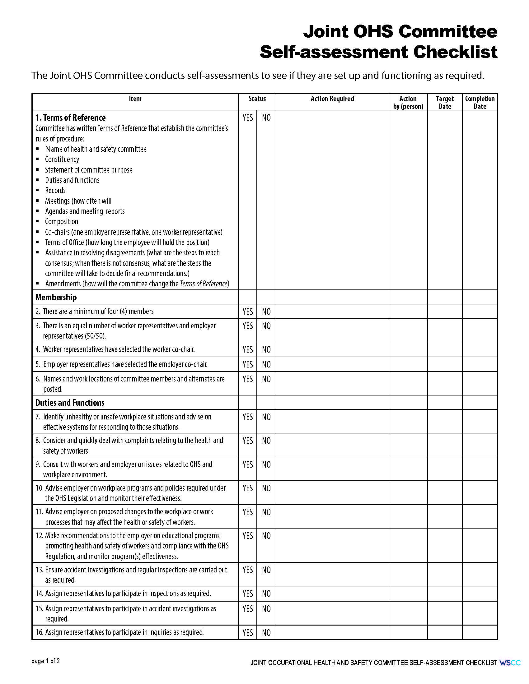 Joint OHS Committee SelfAssessment Checklist WSCC Workers' Safety
